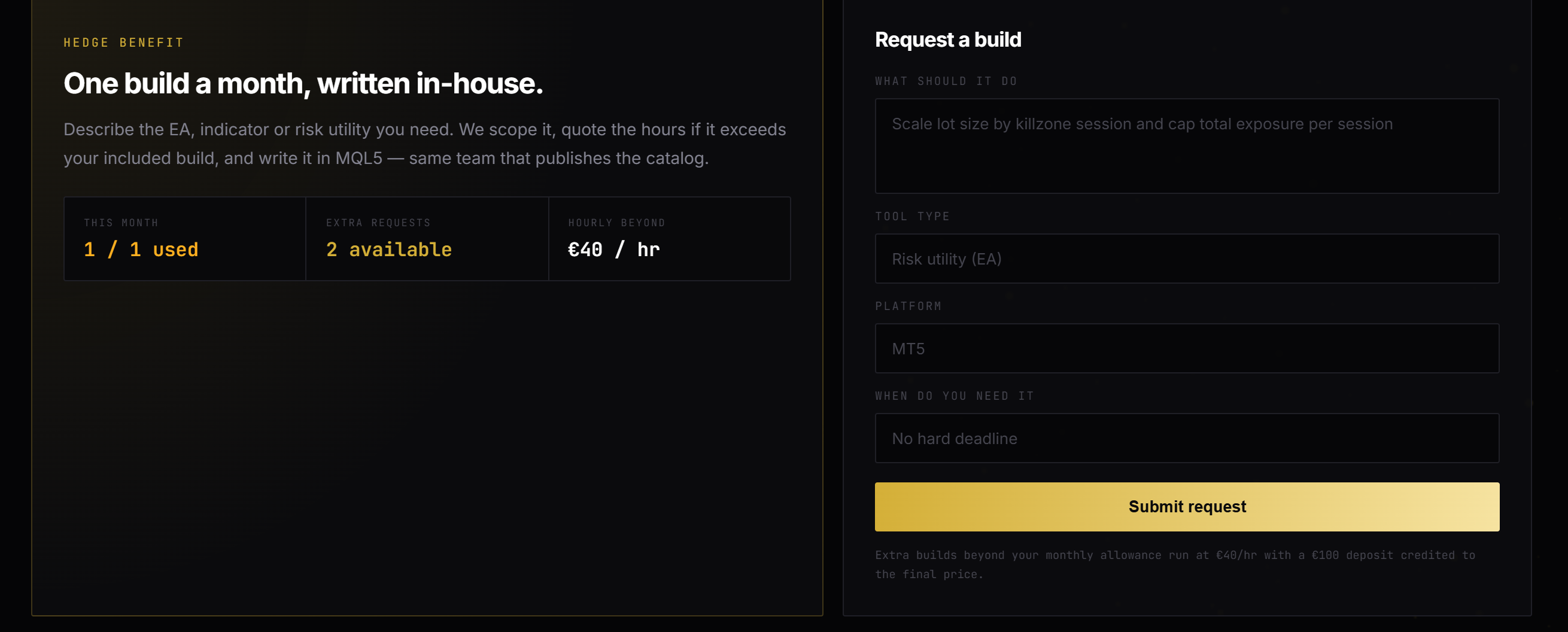 The Custom Tools view — build request pipeline with scope, stage and delivery status